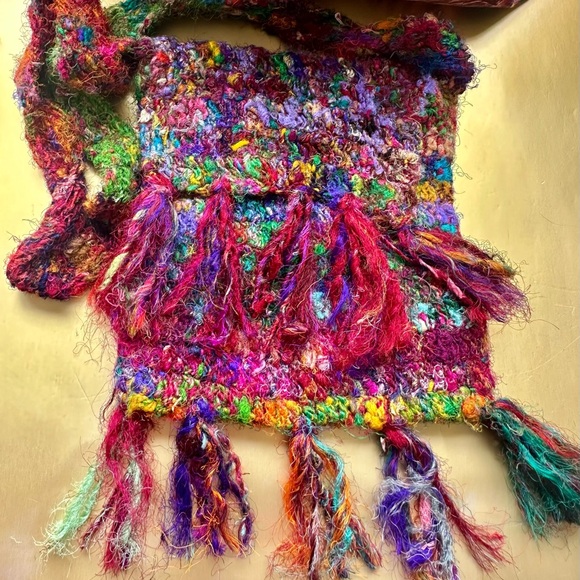 Bag Kathmandu Imports Recycled Silk Tassels Fringes Handmade Bohemian Designer - Picture 6 of 6